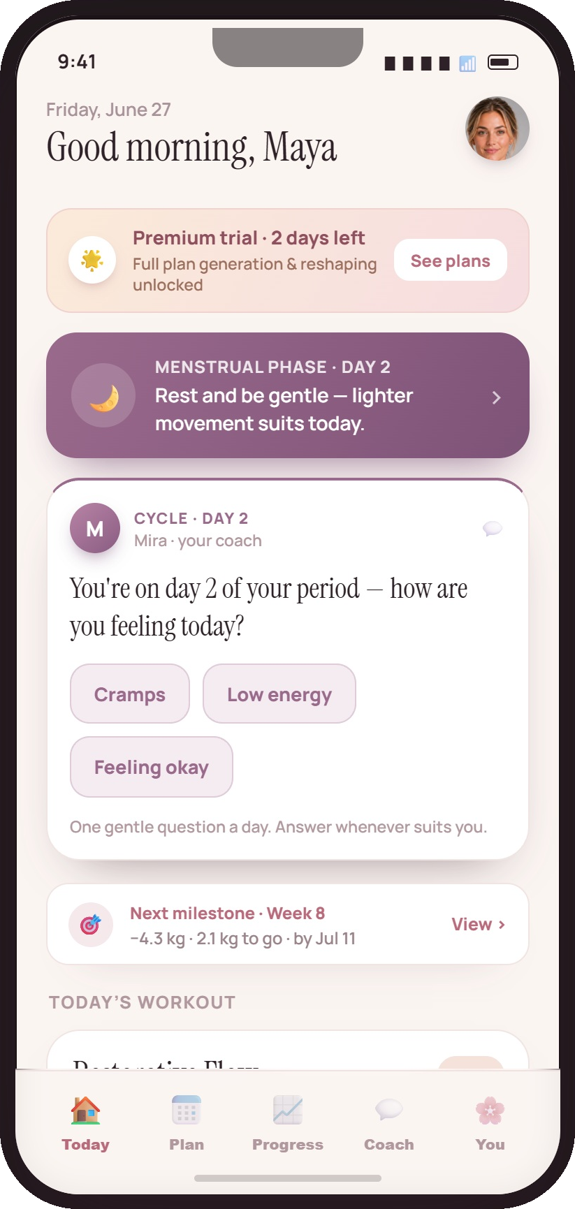 Her Fitness AI Today screen with cycle phase, daily check-in from Mira and next milestone