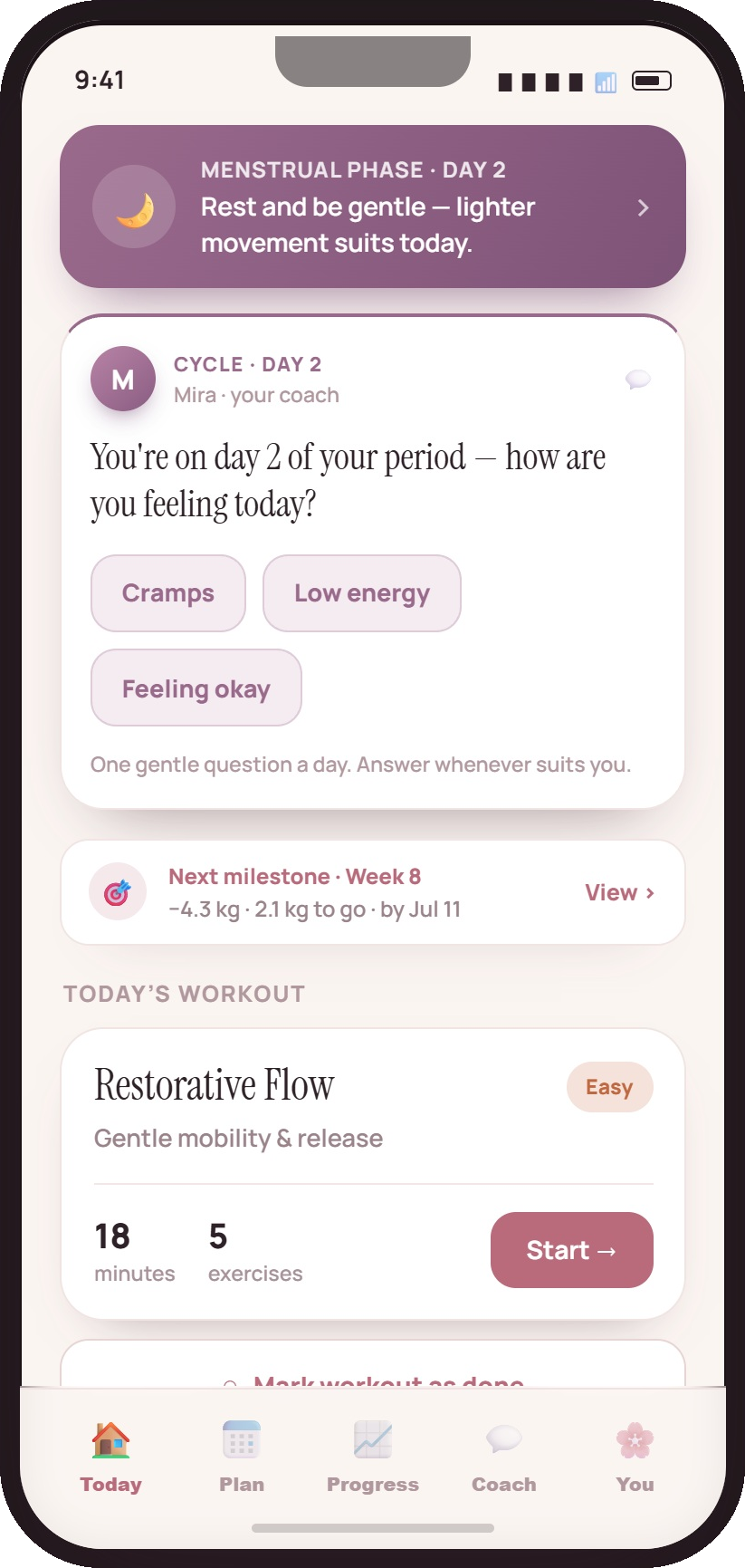 Daily adaptive workout in Her Fitness AI matched to the menstrual phase