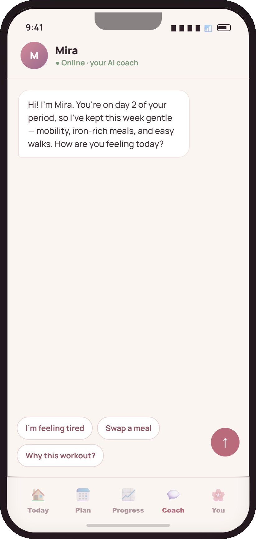 Chatting with Mira, the AI fitness coach, who reshapes the day's plan