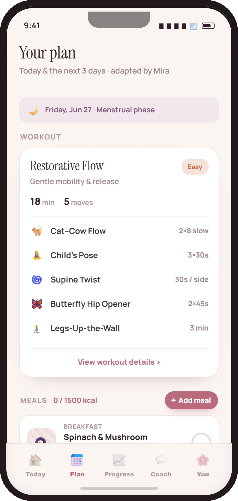 Cycle-aware 4-day plan with workout and meals matched to the menstrual phase