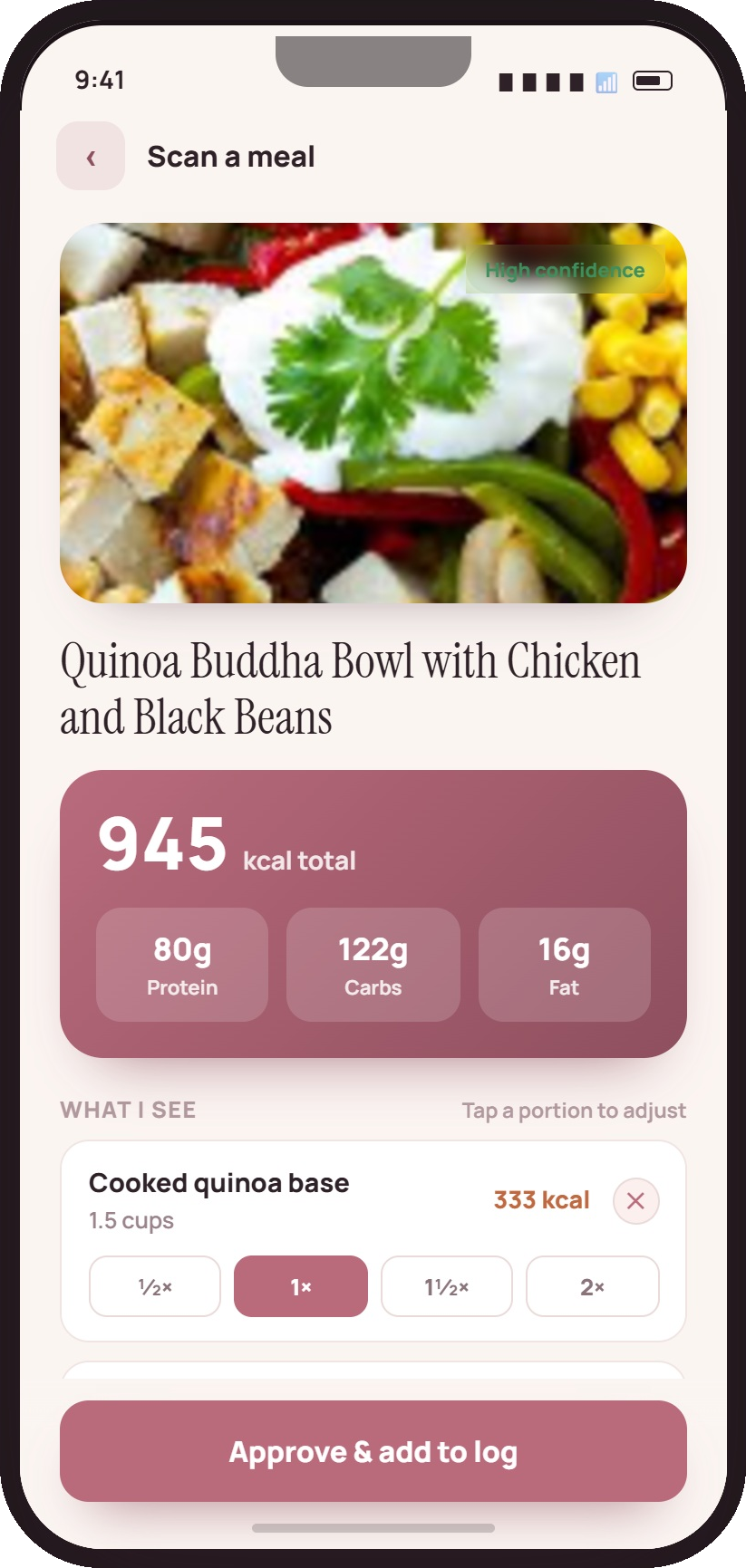 AI food scanner identifying a meal and estimating calories and macros from a photo